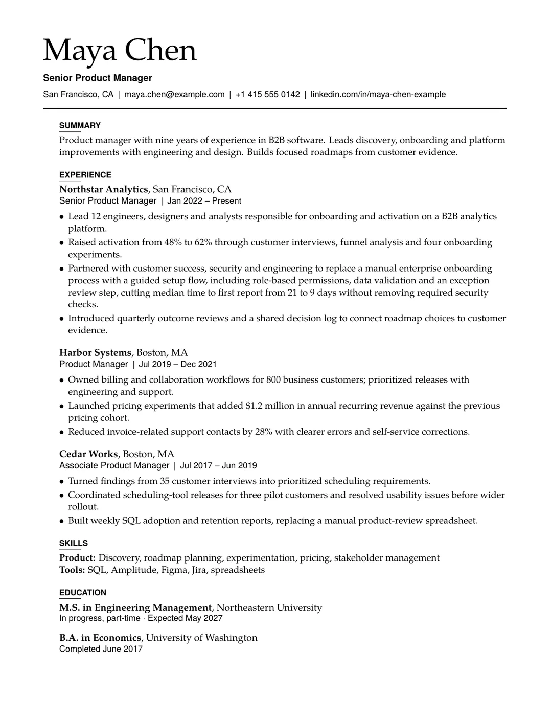 Page one of a resume for Maya Chen, a fictional senior product manager, in the Editorial design.